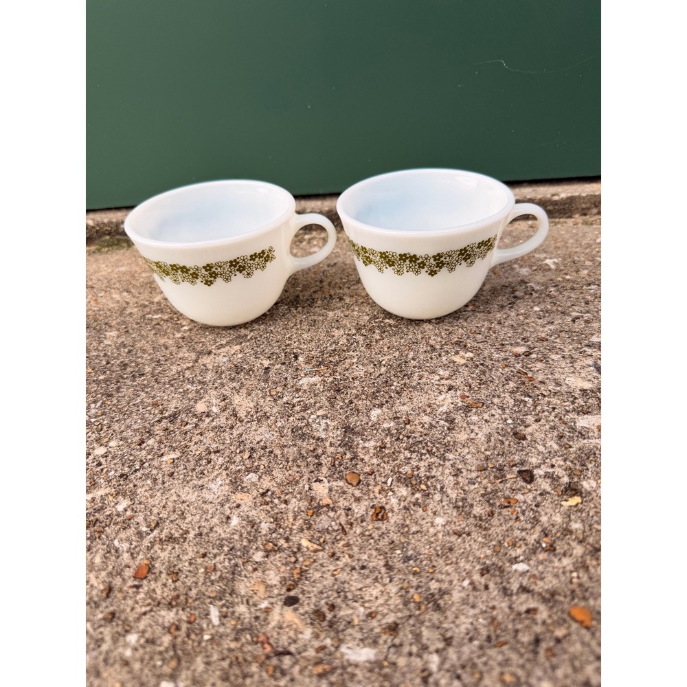 Vintage Pyrex‎ Milk Glass Cups Olive Green Floral Coffee Tea Set of 2